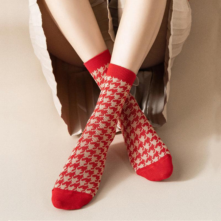 Chaussettes en coton rétro rouges, longueur mollet, série de cadeaux de Noël, 3 paires