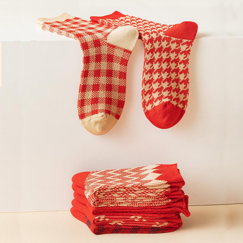 Chaussettes en coton rétro rouges, longueur mollet, série de cadeaux de Noël, 3 paires