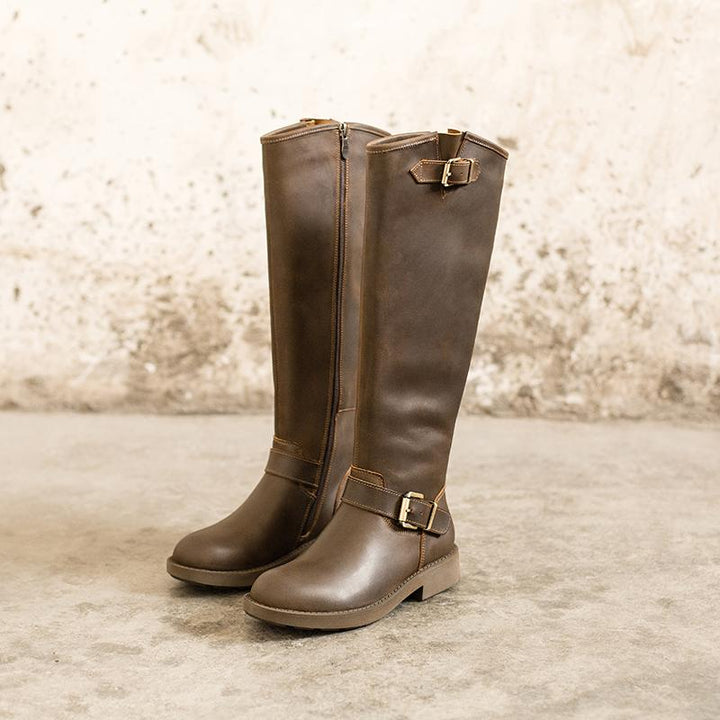 Bottes hautes en cuir Crazy Horse, bottes western de cowboy rétro, bottes de randonnée en peluche courte café/noir