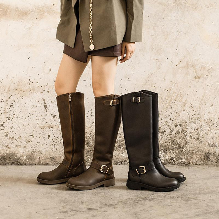 Bottes hautes en cuir Crazy Horse, bottes western de cowboy rétro, bottes de randonnée en peluche courte café/noir