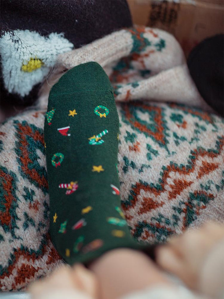 Chaussettes en coton rétro arbre de Noël, longueur mollet, série de cadeaux mignons, 4 paires
