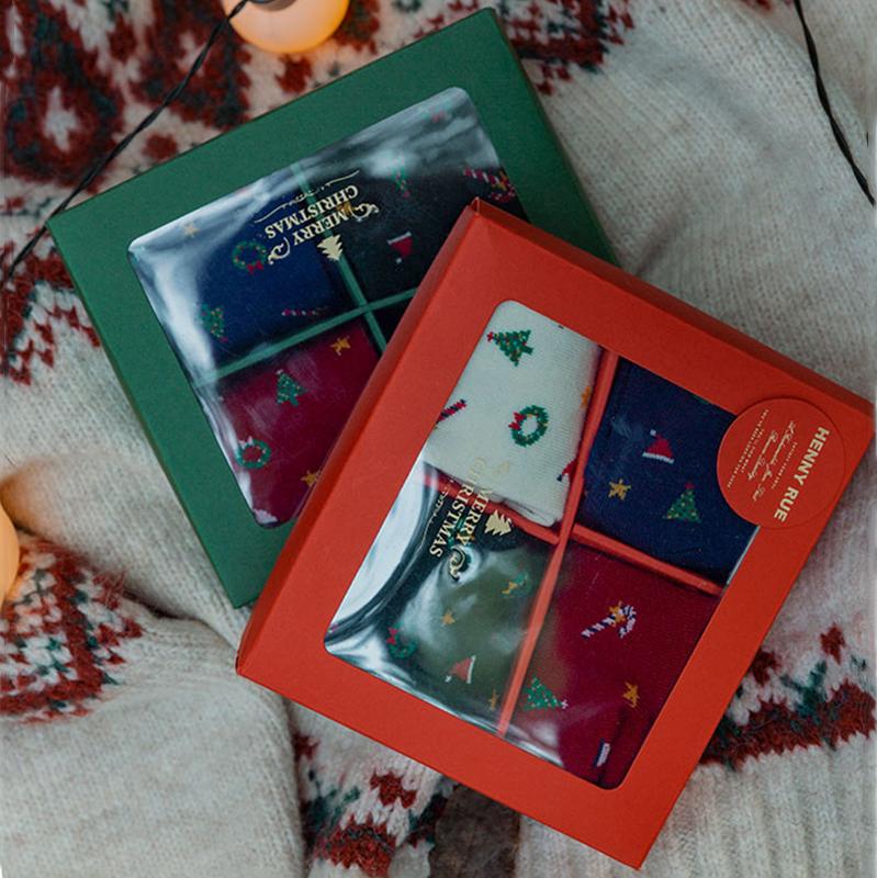 Chaussettes en coton rétro arbre de Noël, longueur mollet, série de cadeaux mignons, 4 paires
