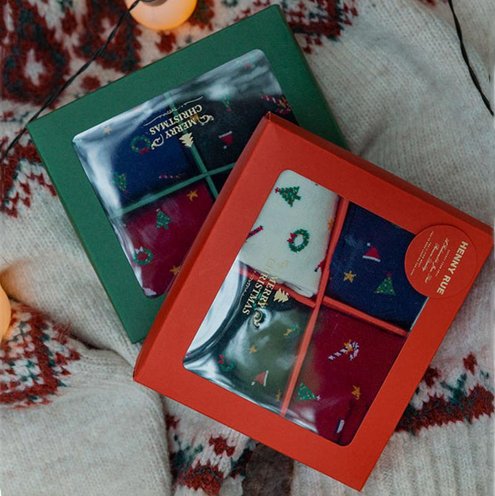 Chaussettes en coton rétro arbre de Noël, longueur mollet, série de cadeaux mignons, 4 paires