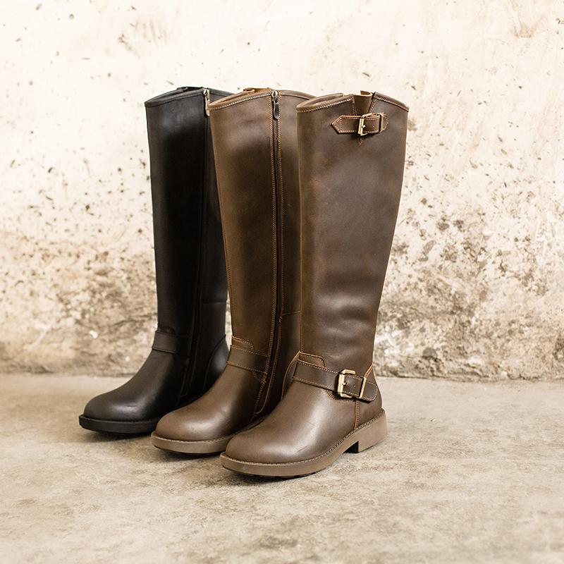 Bottes hautes en cuir Crazy Horse, bottes western de cowboy rétro, bottes de randonnée en peluche courte café/noir