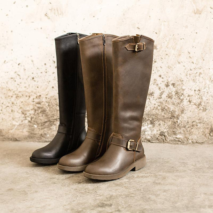 Bottes hautes en cuir Crazy Horse, bottes western de cowboy rétro, bottes de randonnée en peluche courte café/noir