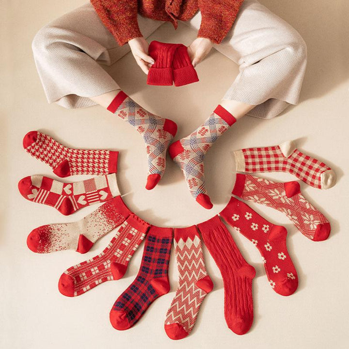 Chaussettes en coton rétro rouges, longueur mollet, série de cadeaux de Noël, 3 paires
