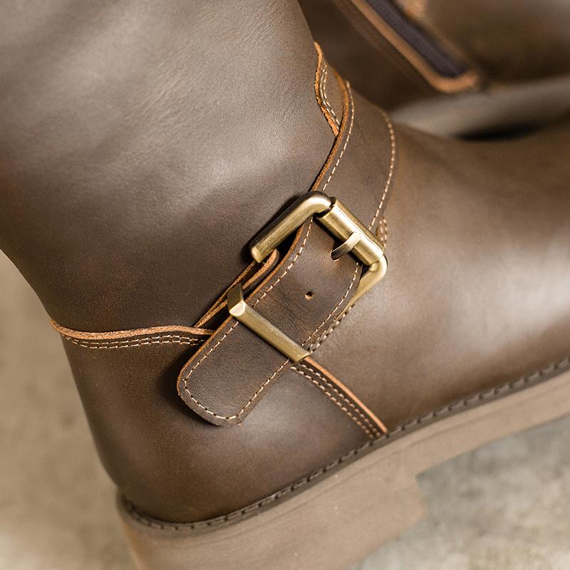 Bottes hautes en cuir Crazy Horse, bottes western de cowboy rétro, bottes de randonnée en peluche courte café/noir