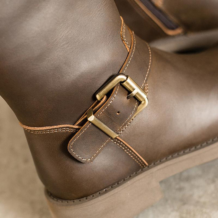 Bottes hautes en cuir Crazy Horse, bottes western de cowboy rétro, bottes de randonnée en peluche courte café/noir