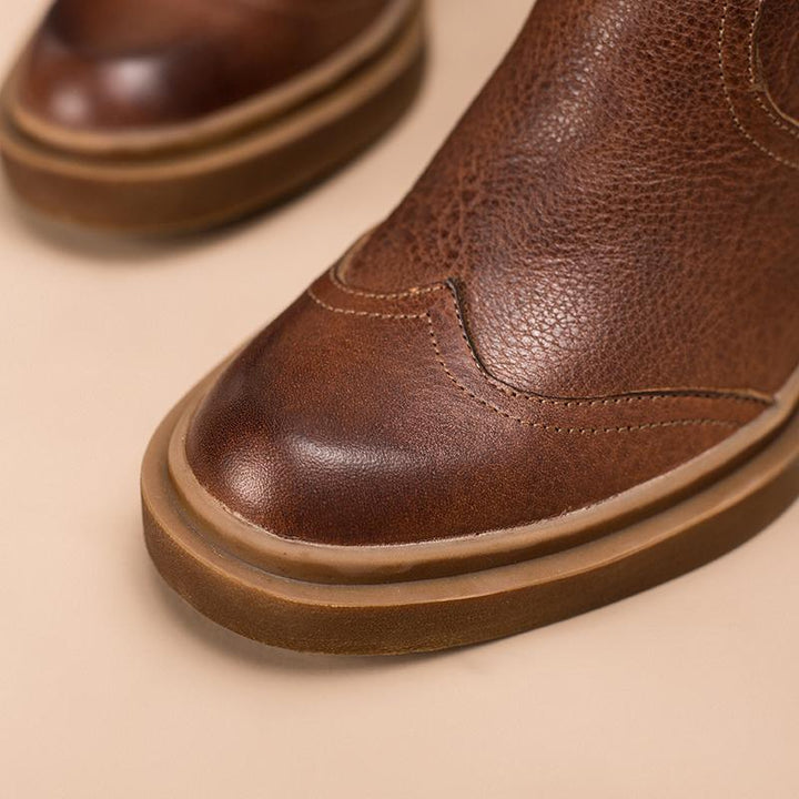 Bottes en cuir Dwarves mi-mollet, bottes de cowboy à talons hauts, bottes de randonnée rétro chunky faites à la main en peluche courte noire/marron