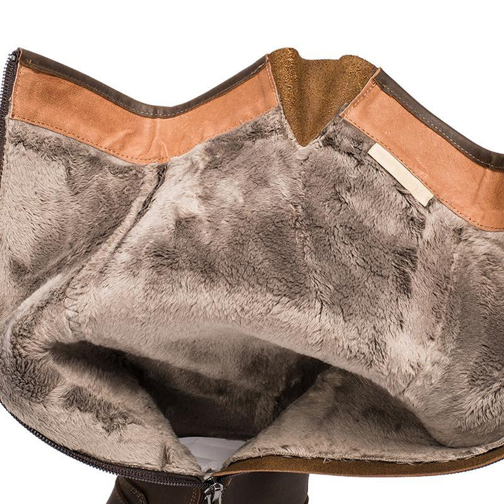 Bottes hautes en cuir Crazy Horse, bottes western de cowboy rétro, bottes de randonnée en peluche courte café/noir