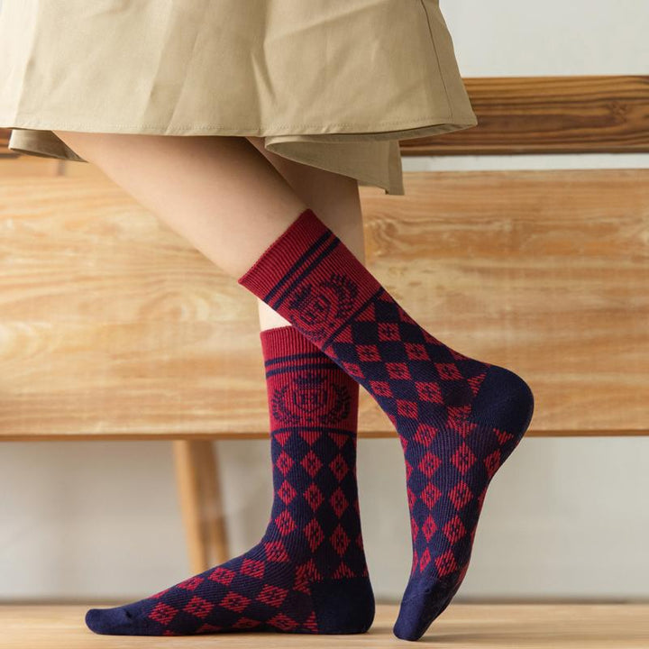 Chaussettes en coton rétro rouge foncé, longueur mollet, série de cadeaux de Noël, 4 paires