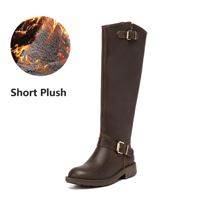 Bottes hautes en cuir Crazy Horse, bottes western de cowboy rétro, bottes de randonnée en peluche courte café/noir