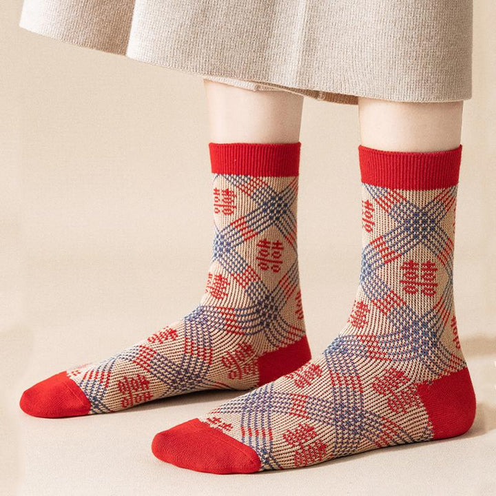 Chaussettes en coton rétro rouges, longueur mollet, série de cadeaux de Noël, 3 paires