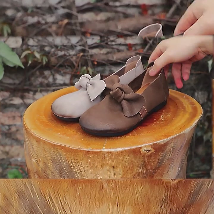 Bow Detail Leather Flats For Women Handmade Casual Slip On Shoes Flats Coffee/Grey