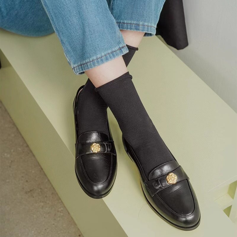 Soft Leather Penny Loafers for Women with Camellia Detail in Black ...