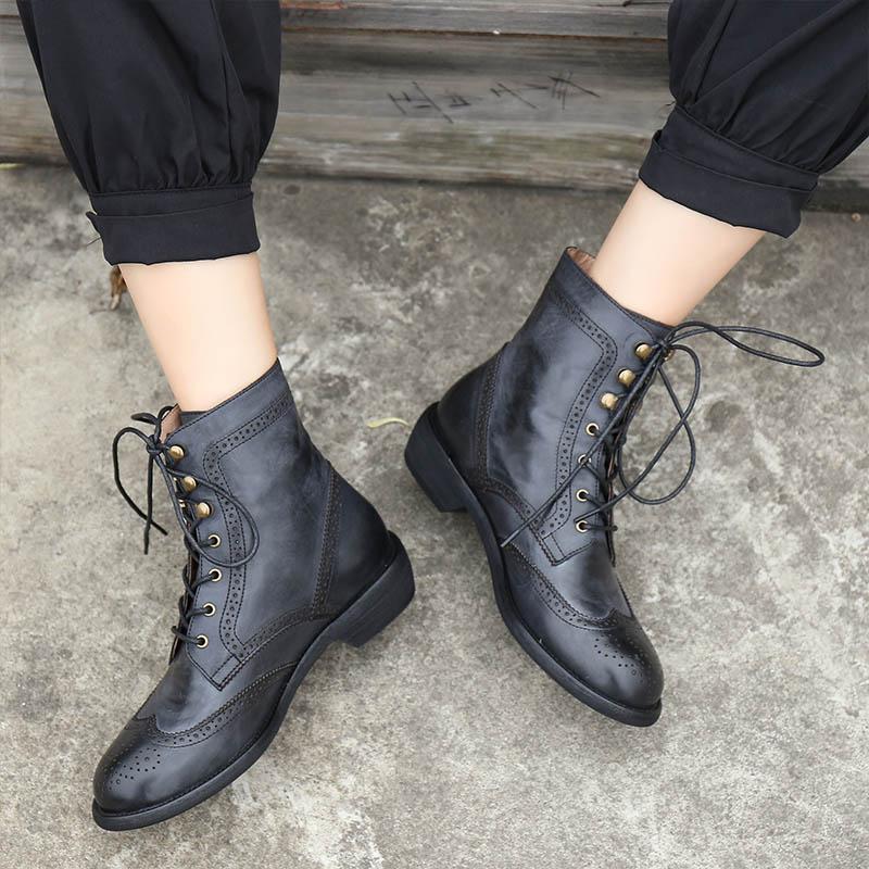 Handmade Wingtip Shoes Leather Martin Boots Block Carving Brogue Ankle ...