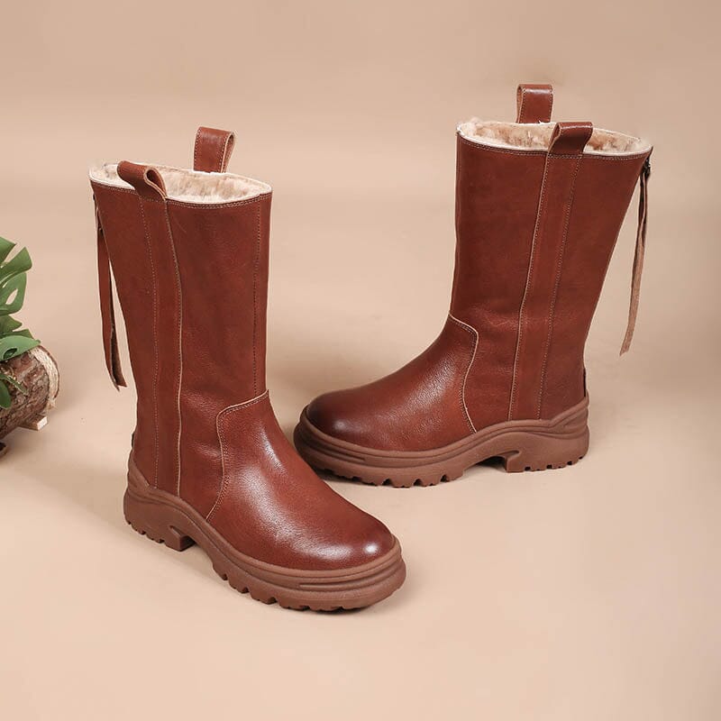 Womens Shearling Lined Snow Boots for Cold Winter Retro Leather Mid Ca â Dwarves Shoes