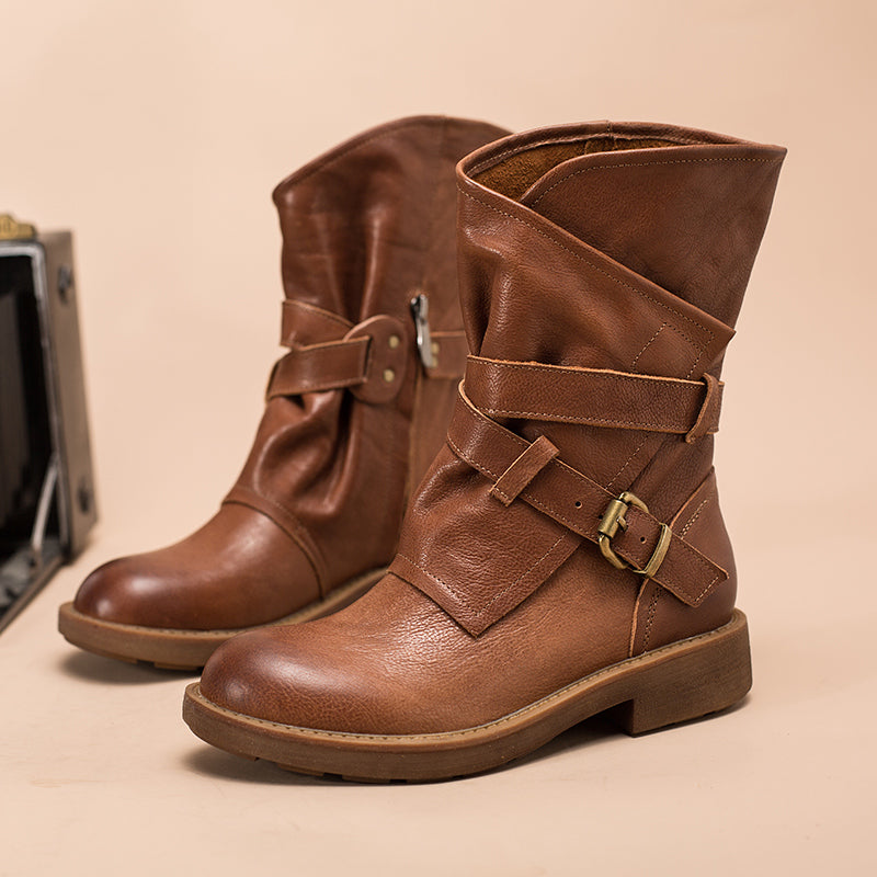 Dwarves Women's Retro Leather Mid Calf Boots for Winter Buckles Boots Coffee/Brown/Black 6.5 / Brown