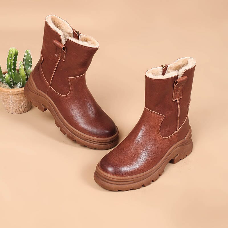 Womens Shearling Lined Snow Boots for Cold Winter Retro Leather Short â Dwarves Shoes