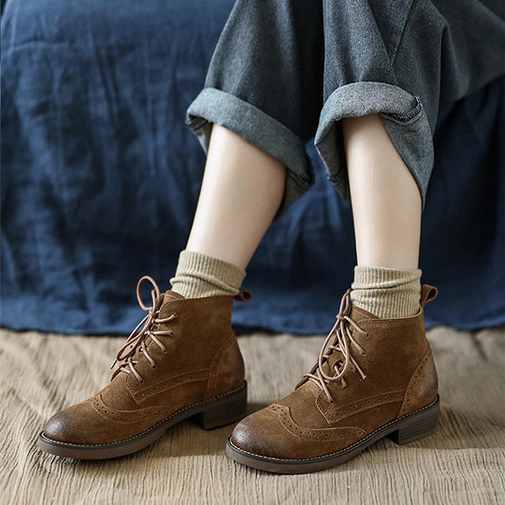 Handmade Brogue Leather Martin Boots Women Midheel Ankle Boots With La ...