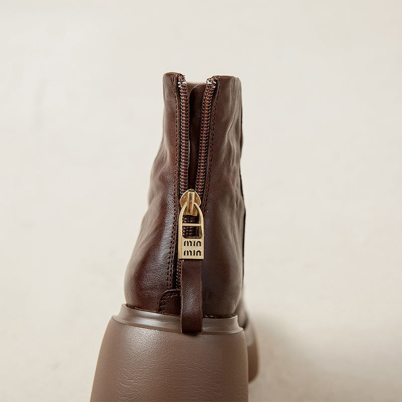 50mm Platform Boots Back Zip Leather Martin Boots Round Toe Combat