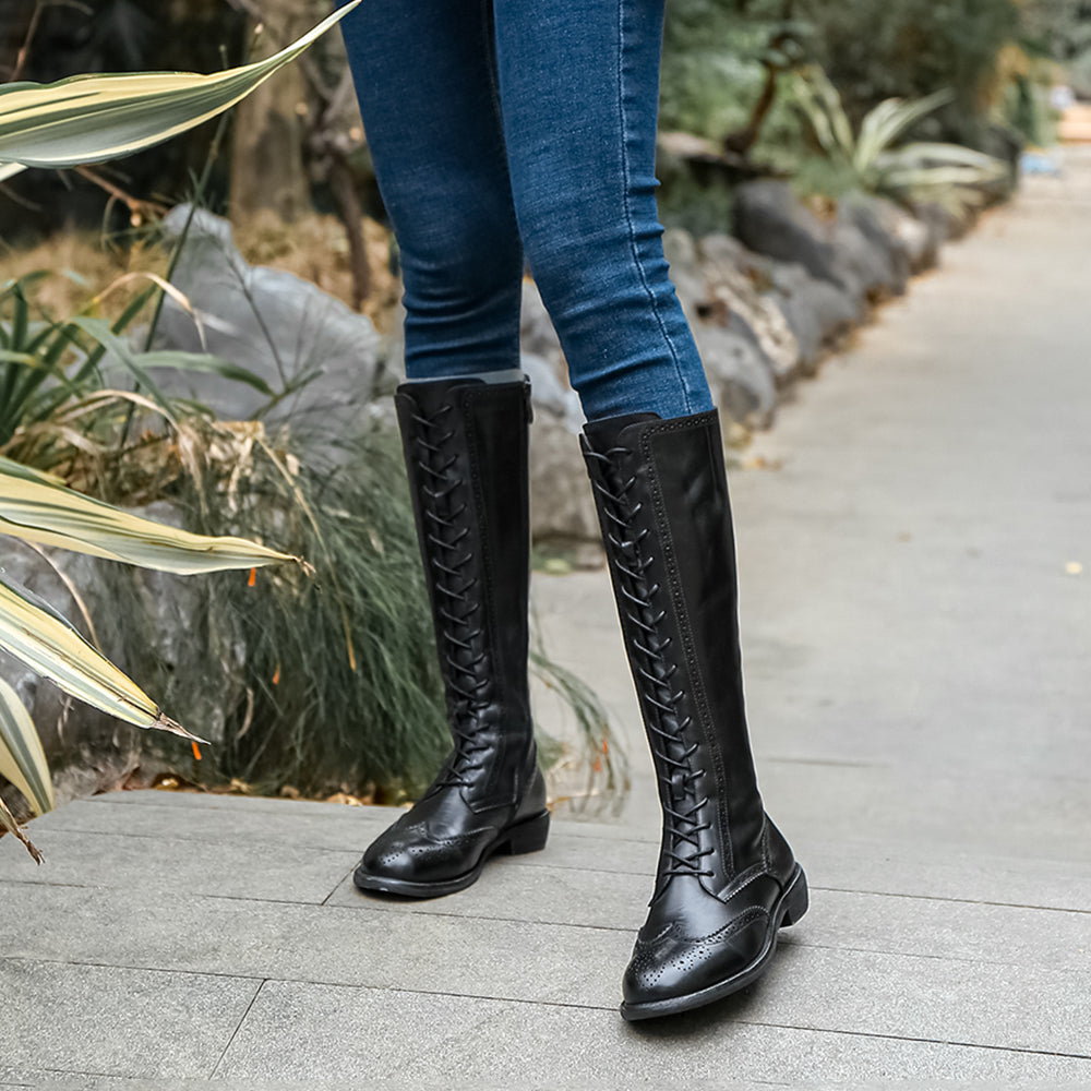 Tall Boots Flat Black Leather Booties Thigh High Boots For Women