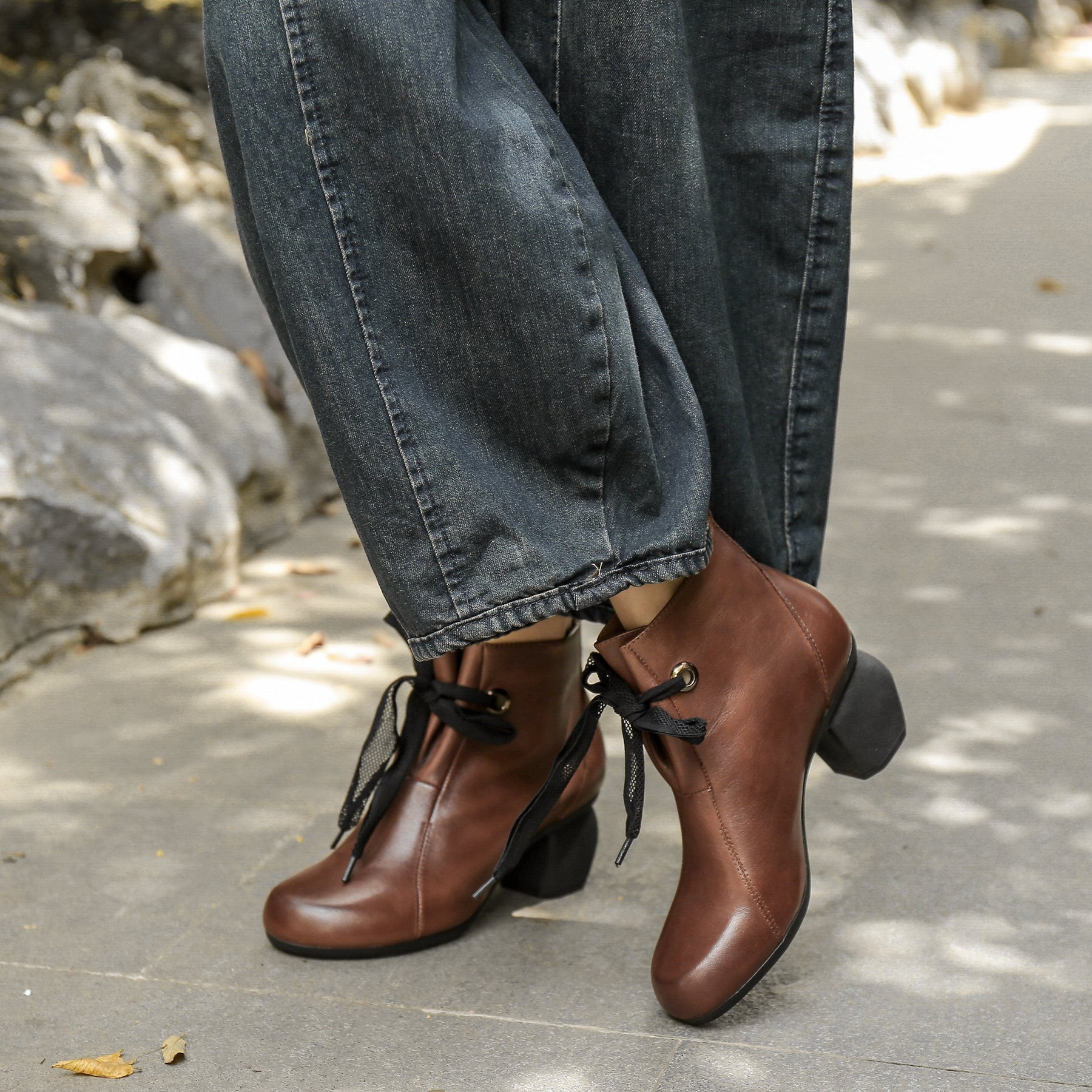 Handmade Genuine Leather Pumps Retro Round Toe Women Shoes Block Heels ...