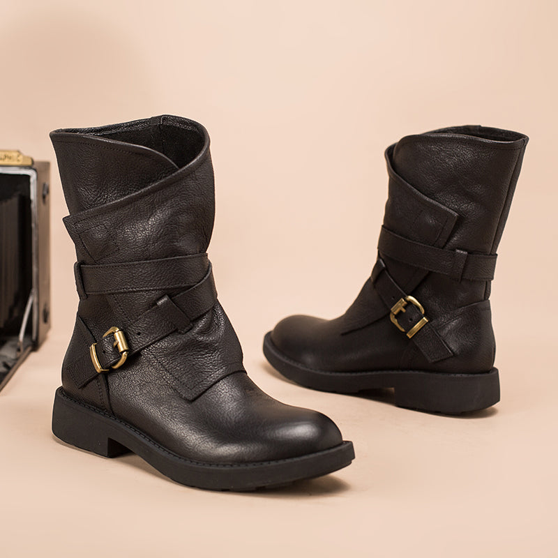 Dwarves Women's Retro Leather Mid Calf Boots for Winter Buckles Boots