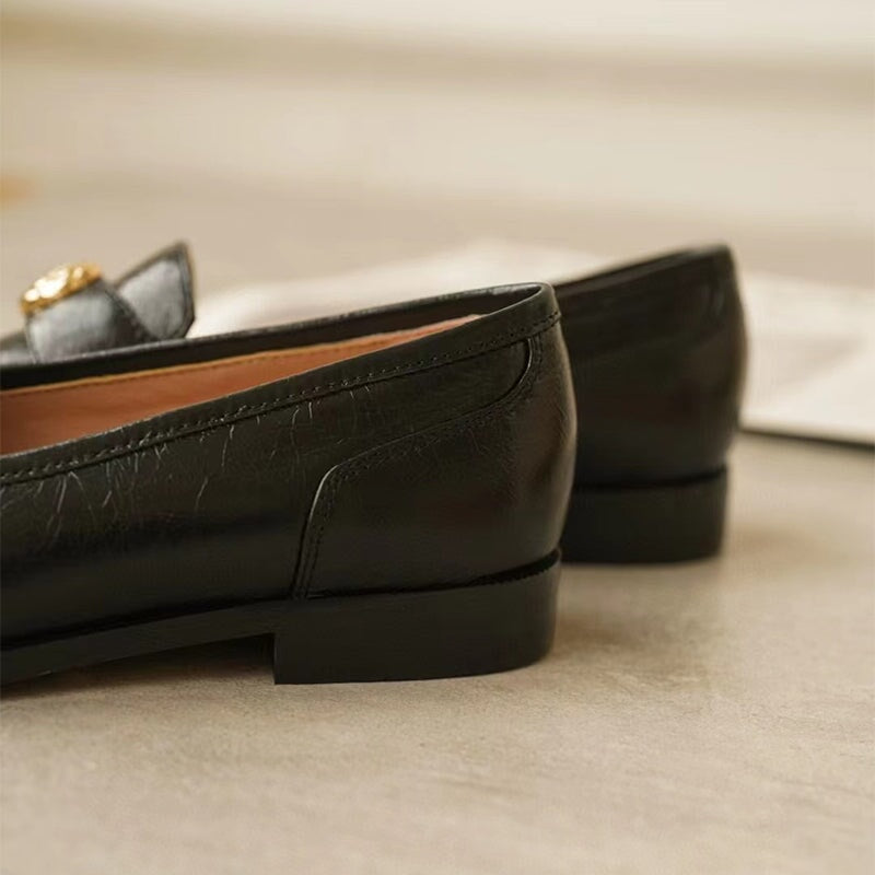 Soft Leather Penny Loafers for Women with Camellia Detail in Black ...