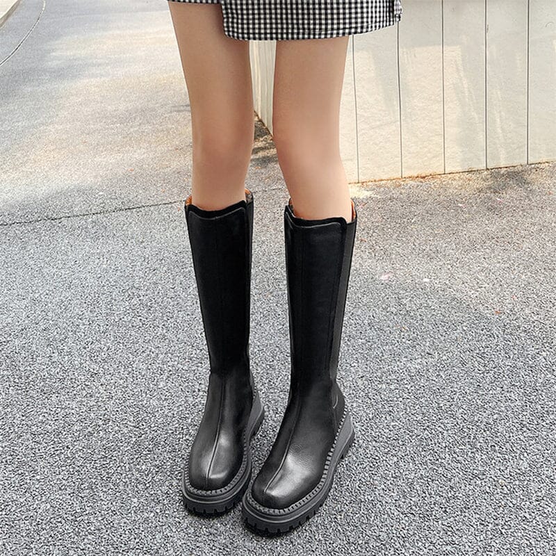 Chunky Knee High Boots Riding Boots for Women in Black/Brown Leather ...