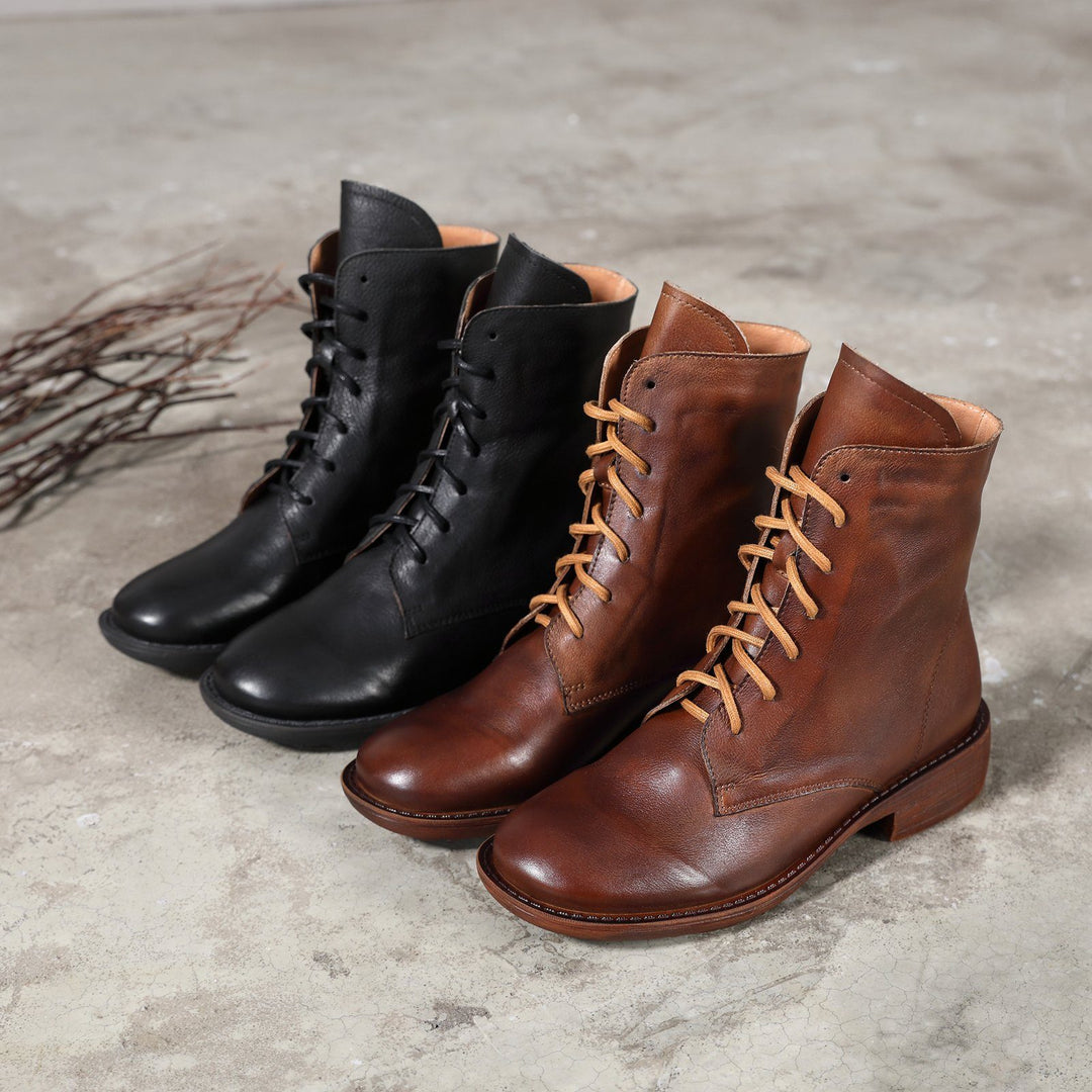 Winter Boots Handmade Genuine Leather Lace-Up Combat Boots Retro Martin Boots Chunky Ankle Boots Black/Coffee 9 / Coffee Short Plush