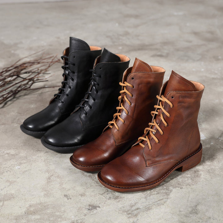 Winter Boots Handmade Genuine Leather Lace-Up Combat Boots Retro