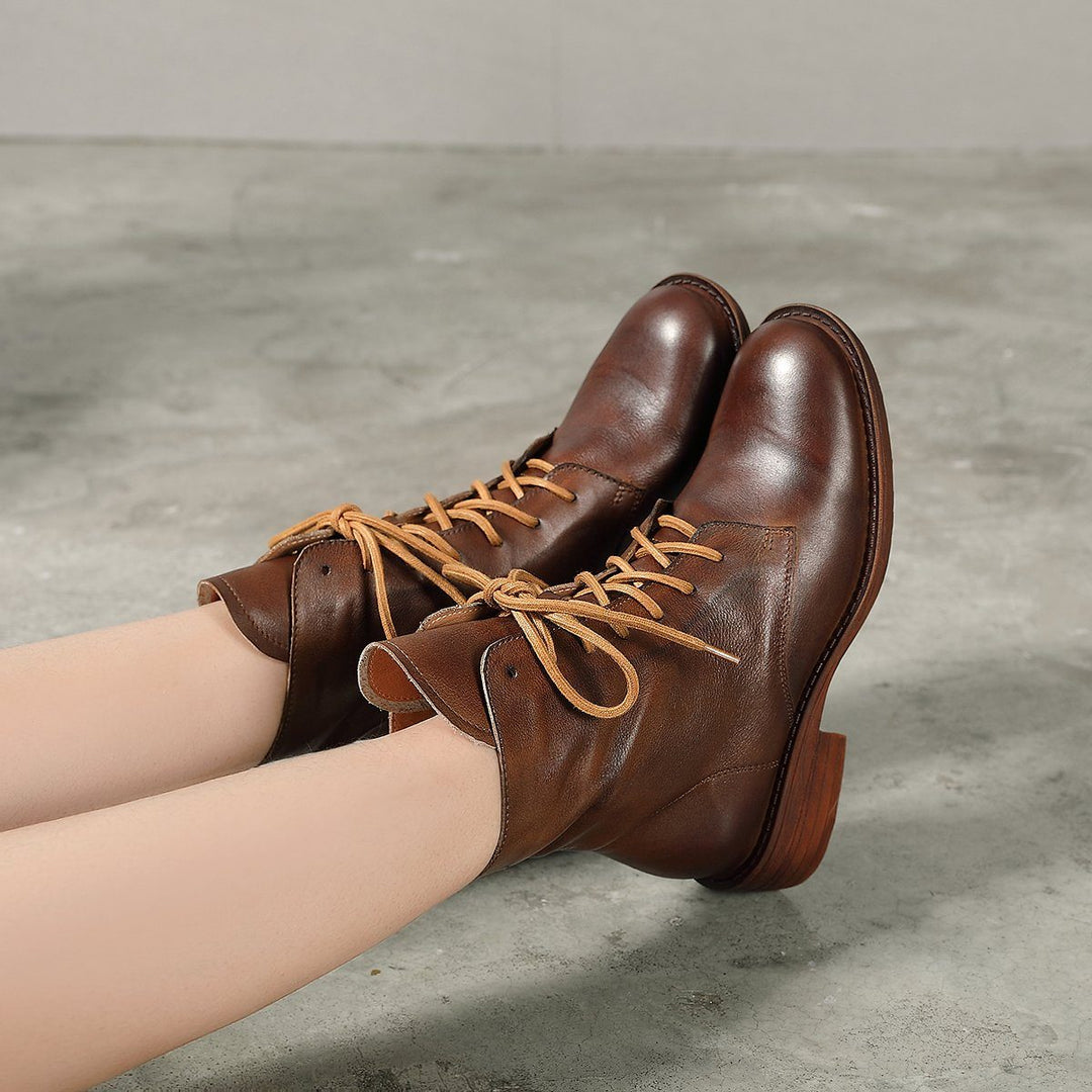 Winter Boots Handmade Genuine Leather Lace-Up Combat Boots Retro Martin Boots Chunky Ankle Boots Black/Coffee 6.5 / Coffee Short Plush
