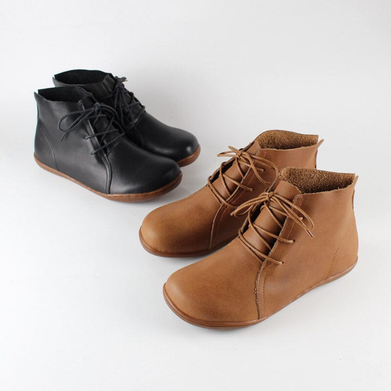 Leather Women Ankle Booties Lace-Up Casual Shoes Flats Brown/Black 6.5 / Brown