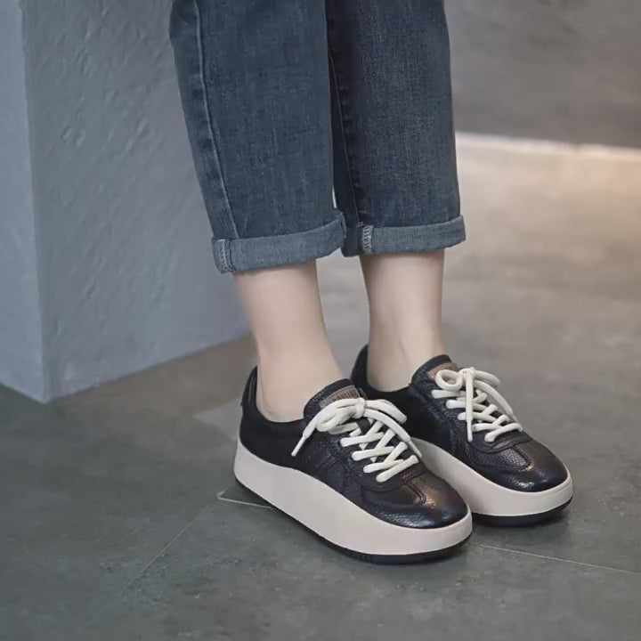 Genuine Leather Low-top 40mm Platform Sneakers for Women Lace Up in Red/Beige