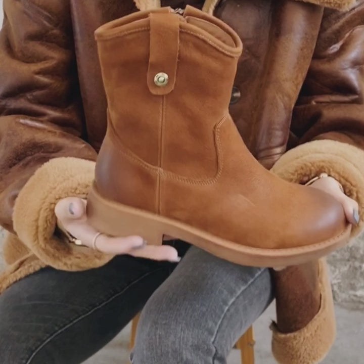 Bottes courtes en cuir avec talon épais et doublure en peluche Dwarves Bottes de neige pour l&