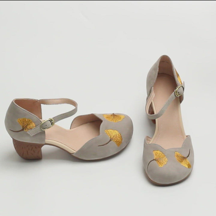 Sandales Mary Jane à talon moyen pour femmes, à bout rond, sandales rétro avec boucle, pompes en cuir mat gris