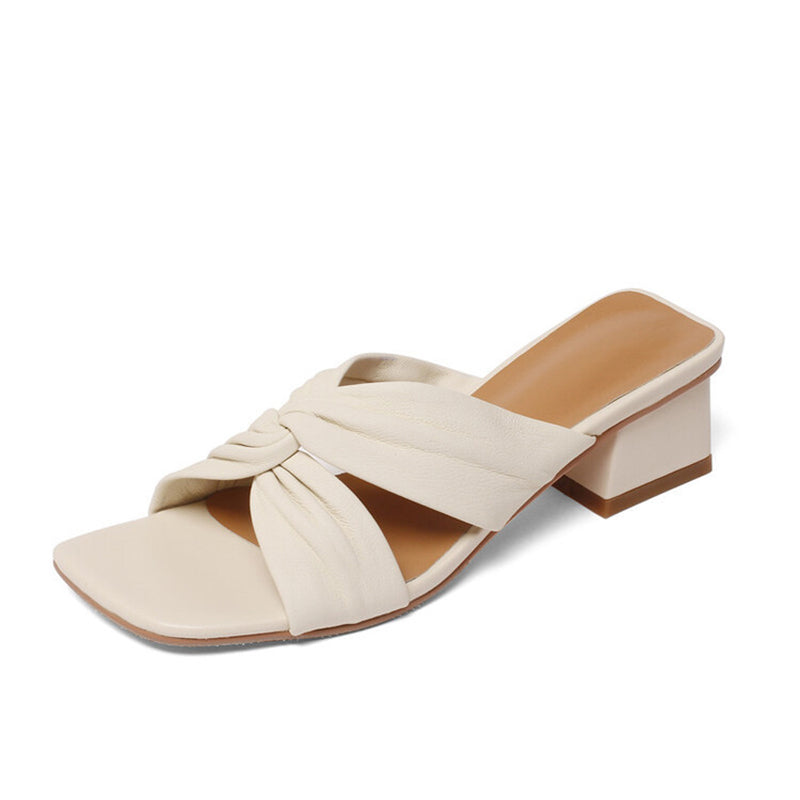 Leather Square Toe Slide Sandals Chunky Mid Heel White/Blue/Apricot ...