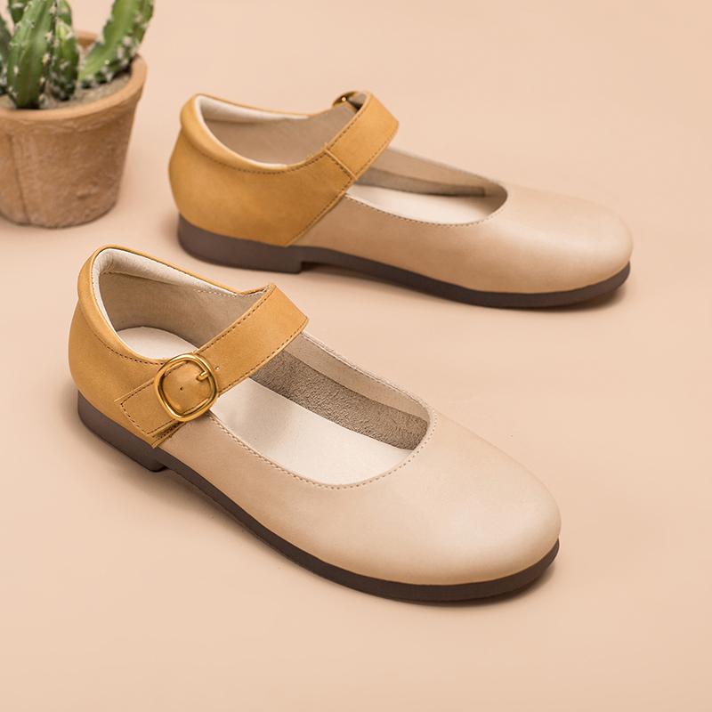 Handmade Leather Flat Mary Jane Shoes For Womens Round Toe Apricot/Pin â Dwarves Shoes