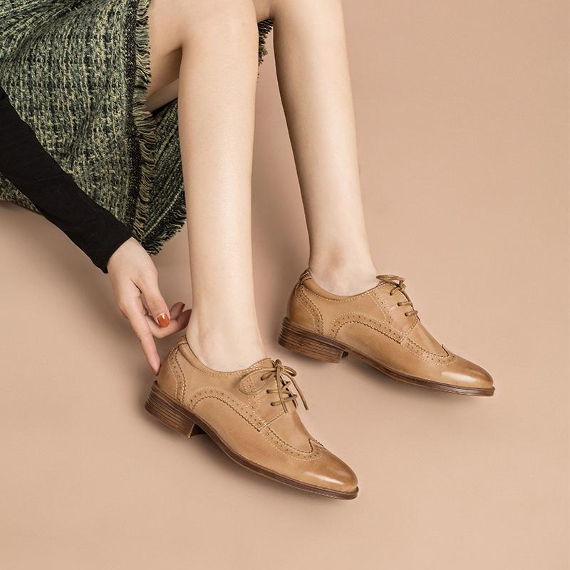 Dwarves Women Wingtip Shoes Handmade Sheepskin Full Brogues Oxfords & Tie Low Heel Elegant Brown/Black (better suited for thin feet) 8 / Brown
