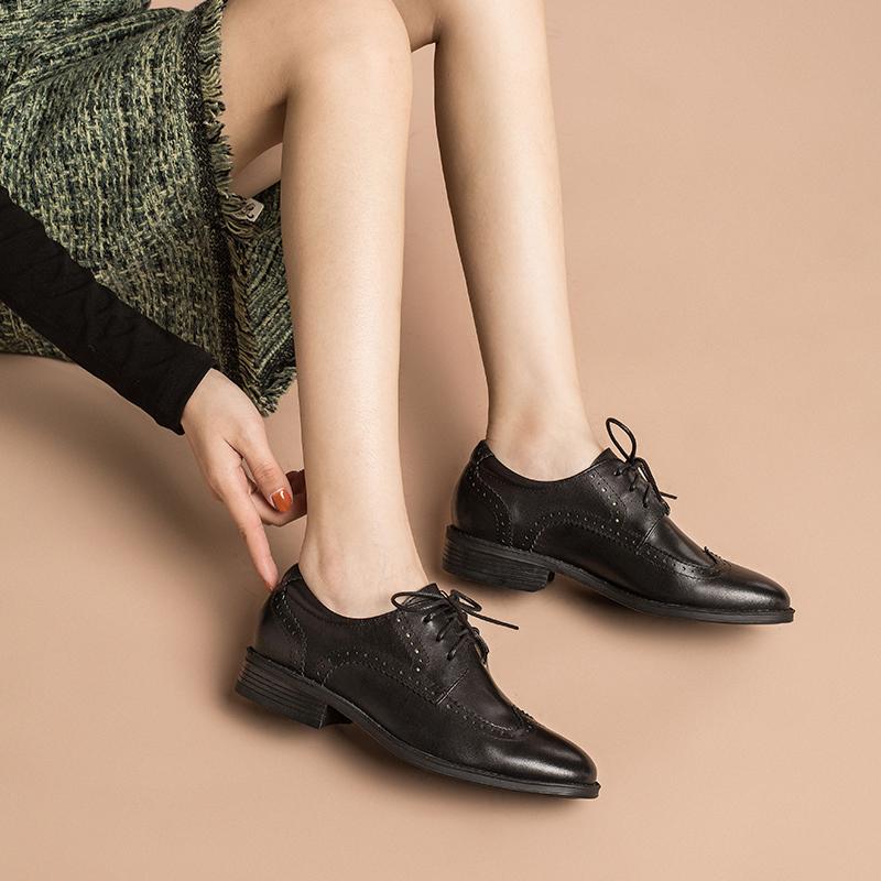 Dwarves Women Wingtip Shoes Handmade Sheepskin Full Brogues Oxfords & Tie Low Heel Elegant Brown/Black (Better Suited for Thin Feet) 8 / Black