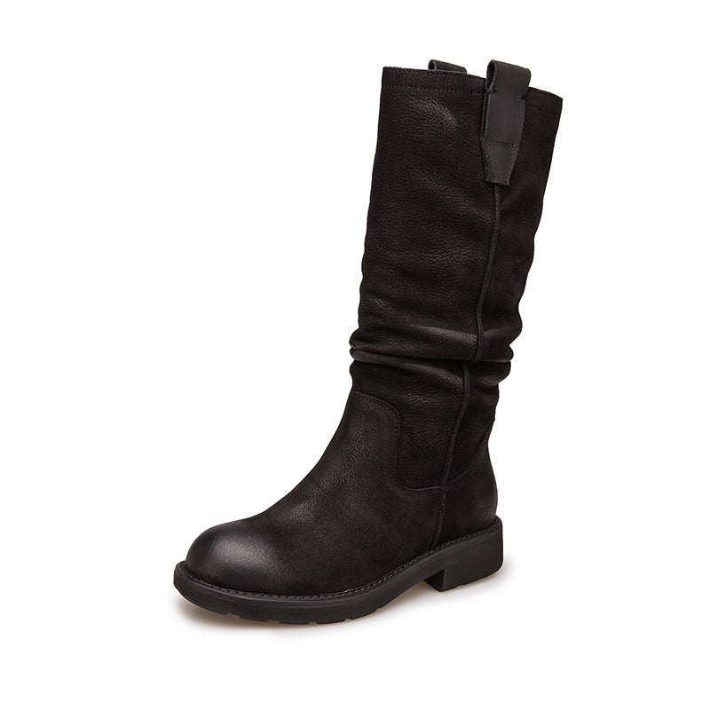 Nubuck Leather Mid Calf Boots Fold Design Riding Boots Short Plush Lin ...