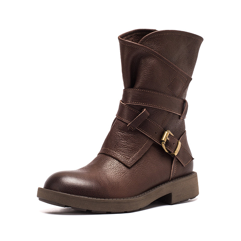 Dwarves Women's Retro Leather Mid Calf Boots for Winter Buckles Boots Coffee/Brown/Black 7.5 / Coffee