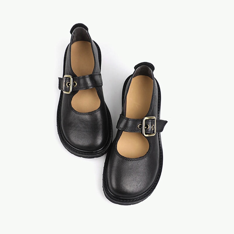 Retro Leather Mary Jane Shoes For Womens Round Toe Flat Handmade Black ...