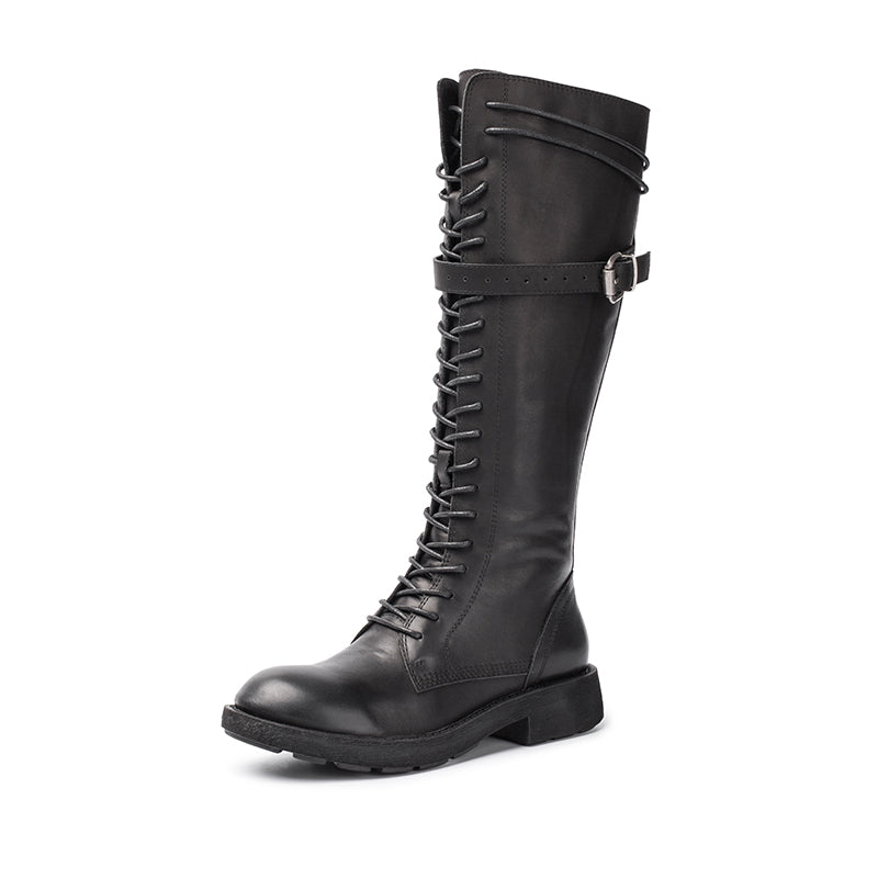 Traveltopp Women's Punk Combat Boots - Leather Knight Boots With Side Zipper & Low Heel