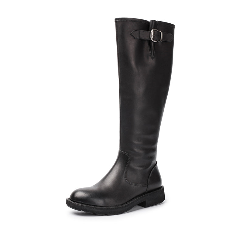 Leather Knee High Boots Side Zip Riding Boots in Black - Saddle Boots ...