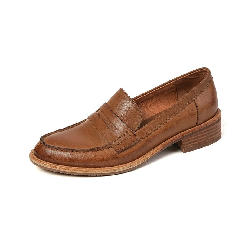Classic Leather Penny Loafers for Women Round Toe in Coffee/Black ...