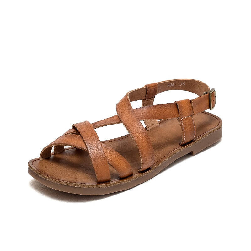 Leather Gladiator Sandals for Women Flat Side Buckle in Brown/Beige/Gr ...