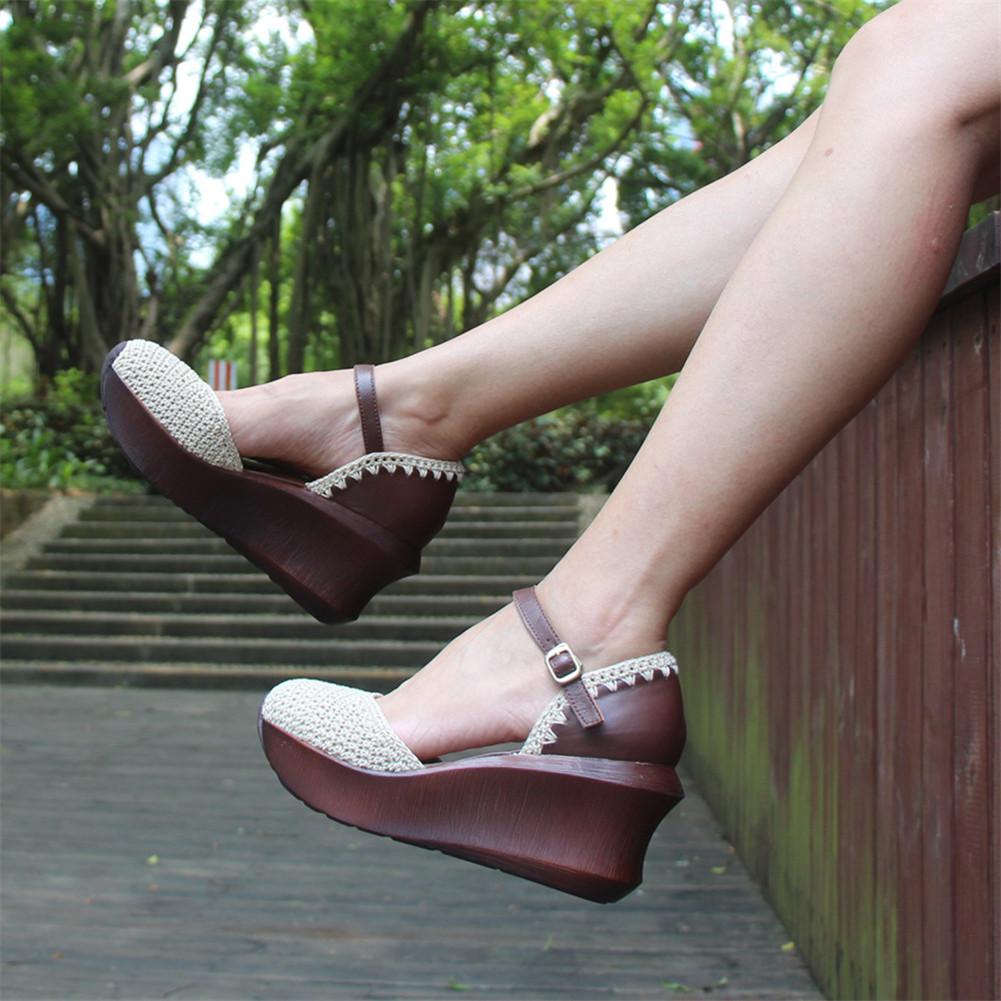 Womens Handmade Retro Leather Knitting Platforms Leather Sandals White ...