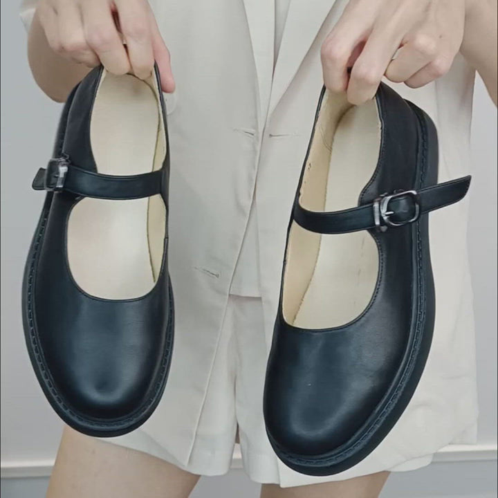Chaussures Mary Jane plates en cuir pleine fleur faites à la main, à bout rond, style japonais en noir, semelle intérieure amovible